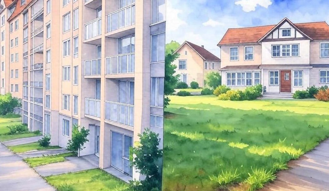 ein Doppelbild, eine Zeichnung mit einer Fassade für Mieter und einem Haus symbolisch für ein Eigenheim und den Weg von der Mietwohnung ins eigene Zuhause