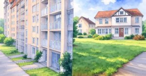 ein Doppelbild, eine Zeichnung mit einer Fassade für Mieter und einem Haus symbolisch für ein Eigenheim und den Weg von der Mietwohnung ins eigene Zuhause