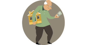 Eine Illustration: In einem grauen Kreis steht ein alter Mann, unter dem rechten Arm hält er eine Immobilie, in der linken Hand ein Bündel Geldscheine - ein Symbolbild für den Wert der Immobilie als Altersvorsorge | Wohnen im Alter