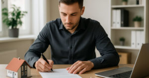 ein Mann mit Unterlagen am Schreibtisch