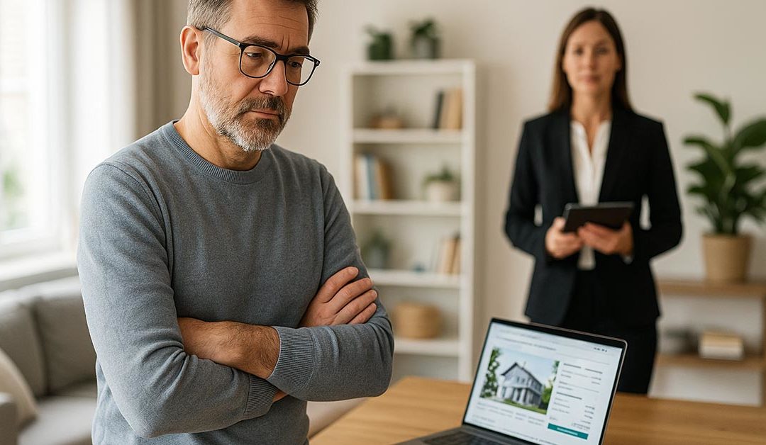 Ein Mann und eine Maklerin. Der mann versucht eine Entscheidung zu finden