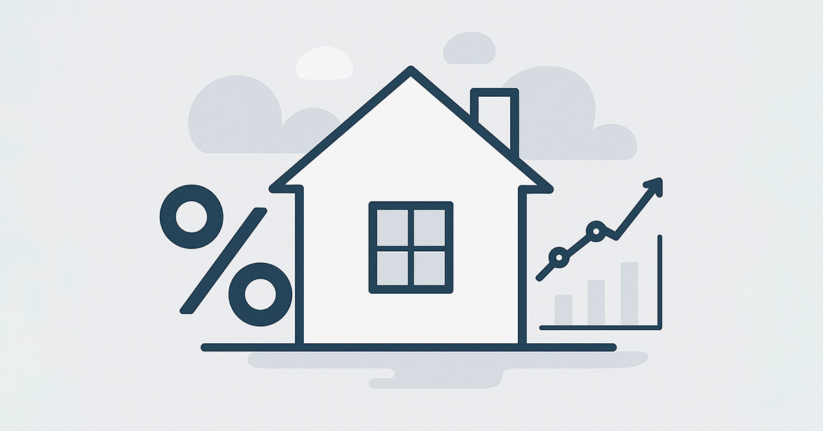 Illustration eines Hauses mit Prozentzeichen und steigender Zins- und Finanzierungs­grafik; symbolisiert Immobilienfinanzierung, Kreditzinsen und Kostenentwicklung für angehende Käufer. | Immobilienfinanzierung