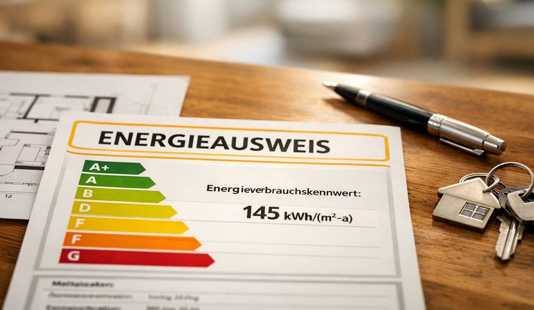 Energieausweis mit farbiger Effizienzskala und Verbrauchswert von 145 kWh/(m²·a) auf einem Holztisch, daneben liegen ein Grundrissplan, ein Stift und ein Schlüsselbund als Symbol für Immobilie und Eigentum. | Energieausweis