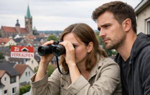 Paar steht auf einem Balkon und blickt mit einem Fernglas über die Stadt, während im Hintergrund ein „Zu verkaufen“-Schild zu sehen ist – symbolisch für die gezielte Immobiliensuche in einem umkämpften Markt. | Immobiliensuche
