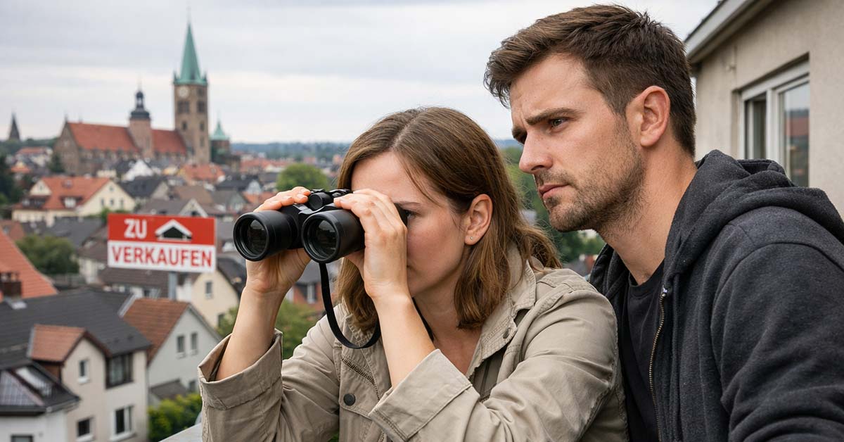 Paar steht auf einem Balkon und blickt mit einem Fernglas über die Stadt, während im Hintergrund ein „Zu verkaufen“-Schild zu sehen ist – symbolisch für die gezielte Immobiliensuche in einem umkämpften Markt. | Immobiliensuche