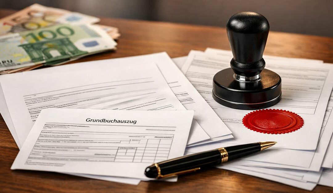 Realistische, hochwertige Fotomontage für ein Immobilien-Beitragsbild: Auf einem Schreibtisch liegen ein Immobilienkaufvertrag, ein Grundbuchauszug und mehrere offizielle Dokumente. Daneben ein Notarstempel mit rotem Siegelabdruck, ein Füller und dezente Euro-Scheine im Hintergrund. Das Motiv wirkt seriös, modern und professionell, mit warmem Licht und unscharfem Hintergrund. Thema: Kaufnebenkosten beim Immobilienkauf, Notar- und Grundbuchkosten. Kein Text im Bild, geeignet als Titelbild für einen Ratgeberartikel. | Immobilienkauf