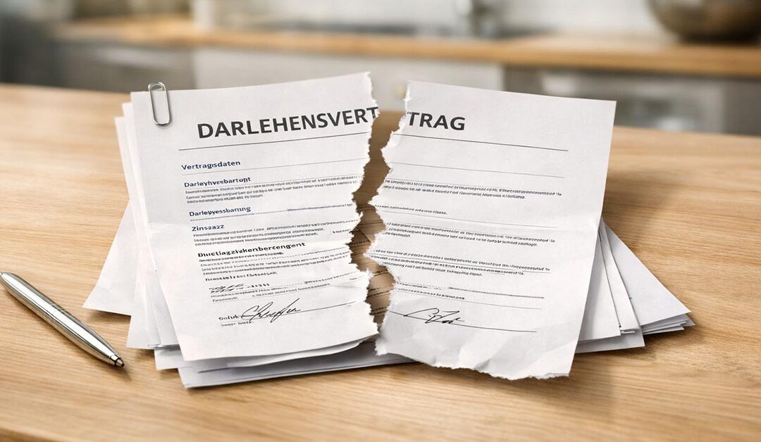 Ein zerrissener Darlehensvertrag liegt auf einem hellen Holztisch. Dezente Tiefenschärfe. Helle, natürliche Lichtstimmung, hohe Detailqualität, realistische Fotografie. | Immobilienverkauf