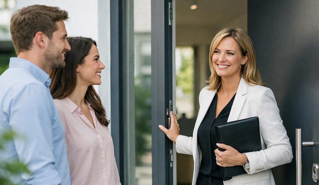 Immobilienmaklerin öffnet die Haustür eines modernen Hauses für ein junges Paar - Symbolbild für Makleralleinauftrag | Makleralleinauftrag