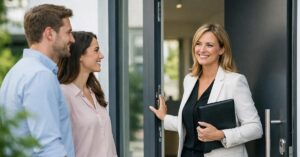 Immobilienmaklerin öffnet die Haustür eines modernen Hauses für ein junges Paar - Symbolbild für Makleralleinauftrag | Makleralleinauftrag