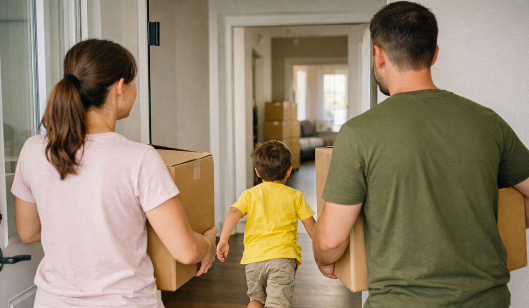 Eine glückliche junge Familie trägt volle Umzugskartons in die neue Wohnung. Sie gehen durch die Haustür ins Haus. Die Familie ist nur von hinten zu sehen. Das Kind rennt spielerisch vor den Eltern ins Haus. Förderung Familien