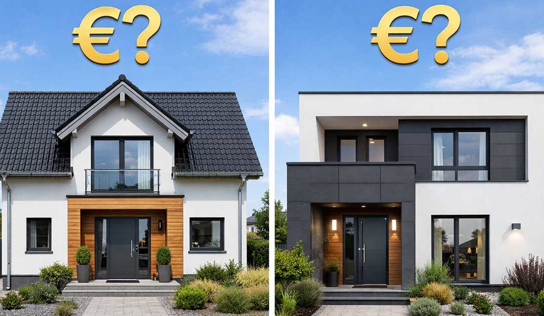 Ein Foto von von 2 zeitgemäßen Einfamilienhäusern in Deutschland. Über den Häusern steht jeweils ein Euro-Zeichen und ein Fragezeichen - als Symbolbild für Immobilienbewertung mit dem Vergleichswertverfahren. | Vergleichswertverfahren
