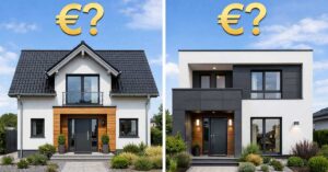 Ein Foto von von 2 zeitgemäßen Einfamilienhäusern in Deutschland. Über den Häusern steht jeweils ein Euro-Zeichen und ein Fragezeichen - als Symbolbild für Immobilienbewertung mit dem Vergleichswertverfahren. | Vergleichswertverfahren