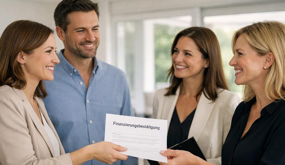 Ein sympathisches Kaufinteressentenpaar überreicht der Eigentümerin eine Finanzierungsbestätigung der Bank, die diese entgegennimmt. Die Maklerin und die Eigentümerin stehen ihnen gegenüber und reagieren freundlich | Immobilienkauf Finanzierungsbestätigung
