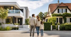Familie steht vor einem modernen Neubau und einem klassischen Bestandsgebäude – Symbolbild für die Entscheidung zwischen Neubau oder Bestandsimmobilie. | Immobilienkauf