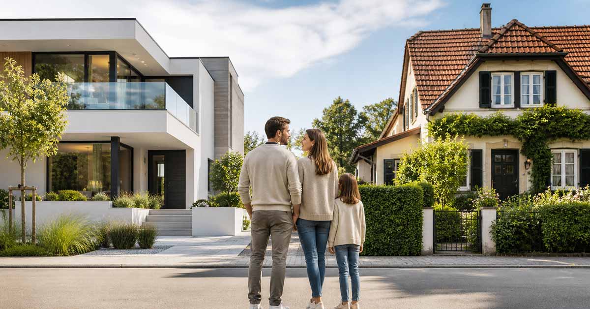 Familie steht vor einem modernen Neubau und einem klassischen Bestandsgebäude – Symbolbild für die Entscheidung zwischen Neubau oder Bestandsimmobilie. | Immobilienkauf