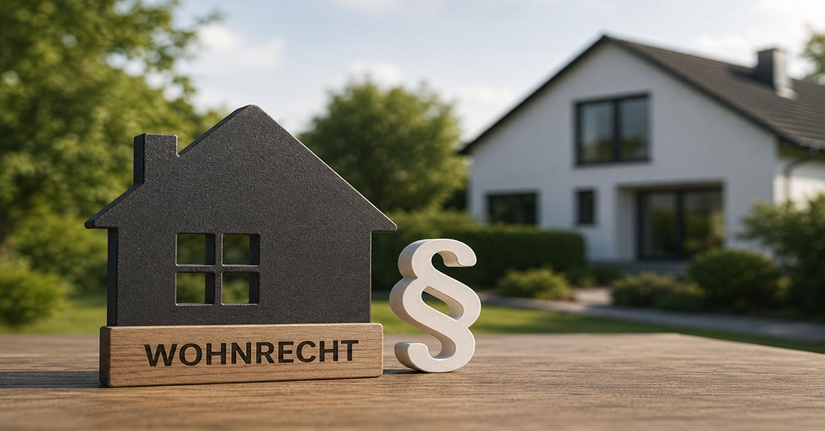 Haus-Symbol mit Schriftzug „Wohnrecht“ und Paragrafenzeichen vor Wohnhaus – Symbolbild für den Immobilienverkauf mit Wohnrecht. I Verkauf mit Wohnrecht