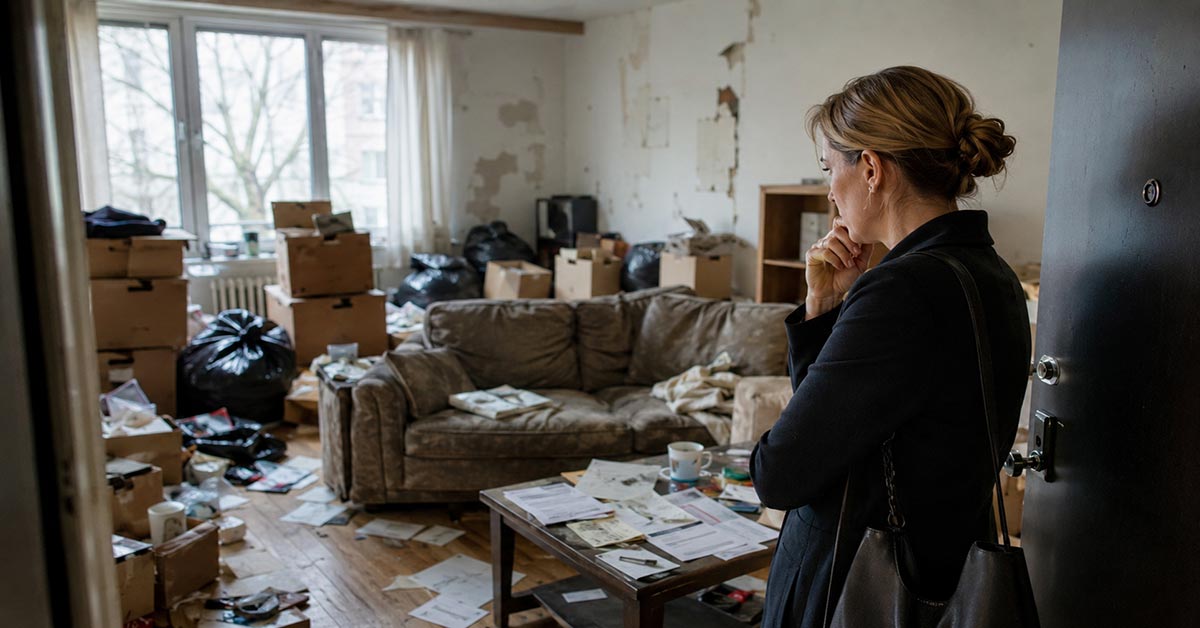 Vermieterin steht nachdenklich in einer stark verwahrlosten Wohnung mit Kartons, Müll und Schäden – Symbolbild für Mietnomaden und Vermietungsrisiken. | Immobilienvermietung
