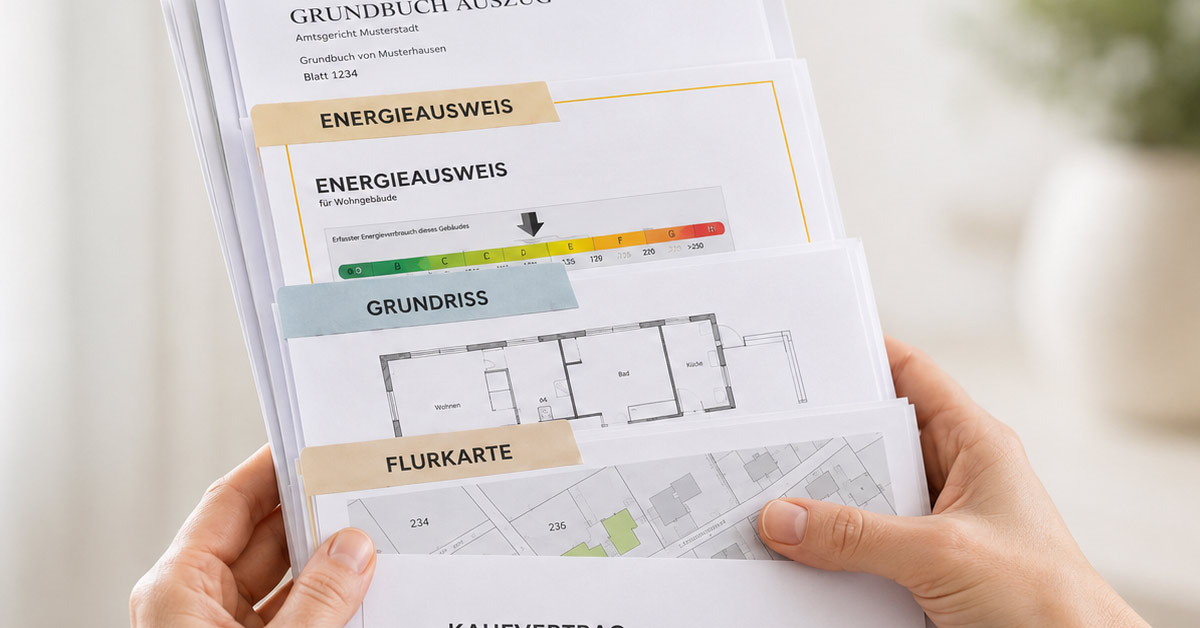 Hände halten sortierte Immobilienunterlagen wie Energieausweis, Grundriss, Flurkarte und Grundbuchauszug für den Immobilienverkauf. I Dokumente Immobilienverkauf