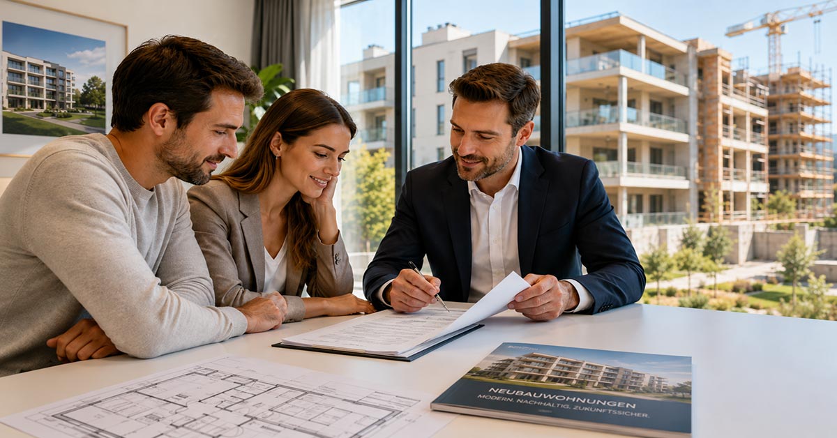 Paar lässt sich von einem Immobilienberater zum Kauf einer Neubauwohnung vom Bauträger beraten, im Hintergrund sind moderne Wohngebäude und eine Baustelle zu sehen. I Kauf vom Bauträger