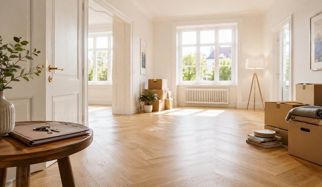 Helle leergeräumte Wohnung nach einer Haushaltsauflösung im Zuge einer Erbschaft mit Umzugskartons und persönlichen Gegenständen zur Vorbereitung auf den Immobilienverkauf. I Haushaltsauflösung nach Erbschaft
