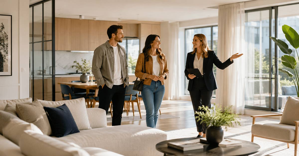 Eine Immobilienmaklerin führt ein interessiertes Paar durch eine moderne, helle Wohnung und erklärt während der Besichtigung die Räume. I Besichtigungsmanagement