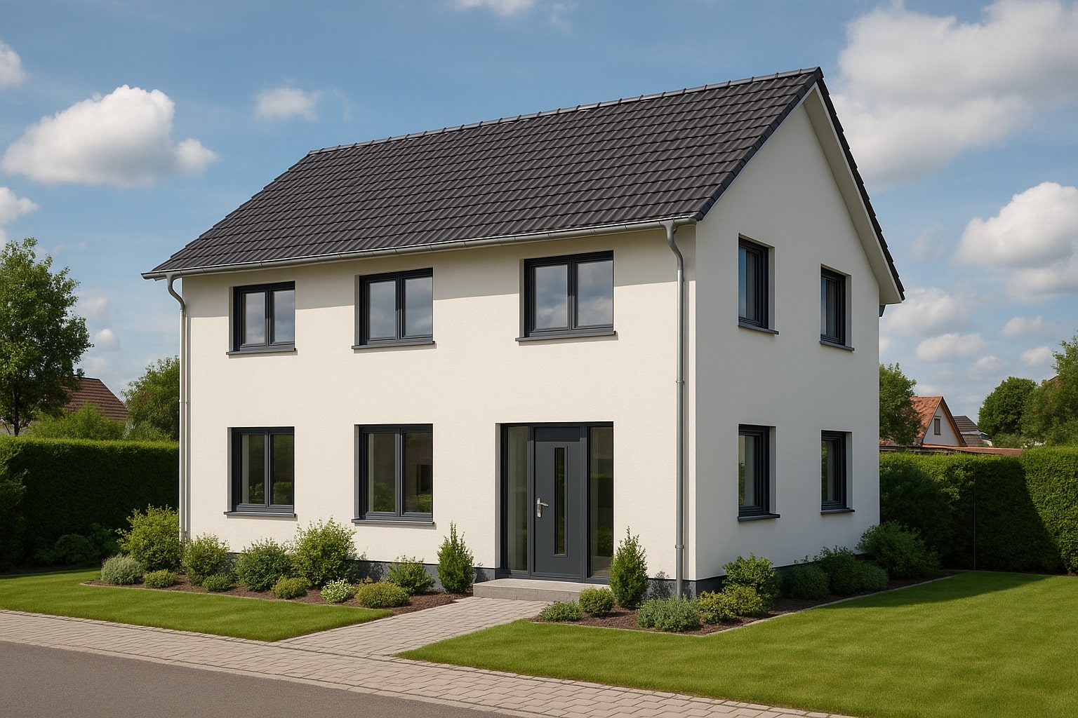 Modernes, gepflegtes Einfamilienhaus mit Garten und klarer Architektur – Symbolbild für professionellen Immobilienverkauf und eine fachkundige Begleitung beim Verkaufserfolg.